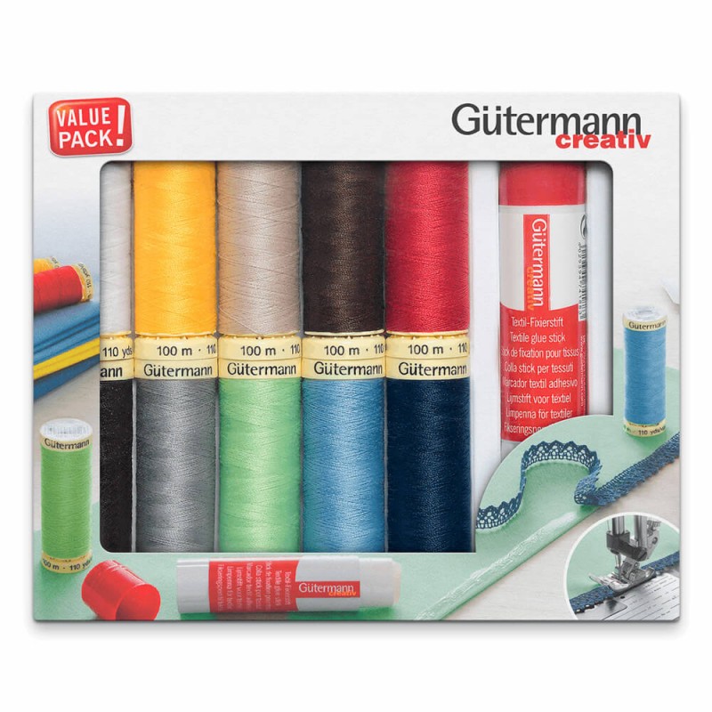 Gütermann Set 10 spools Sew-all Thread 100 m + Textile Glue Stick